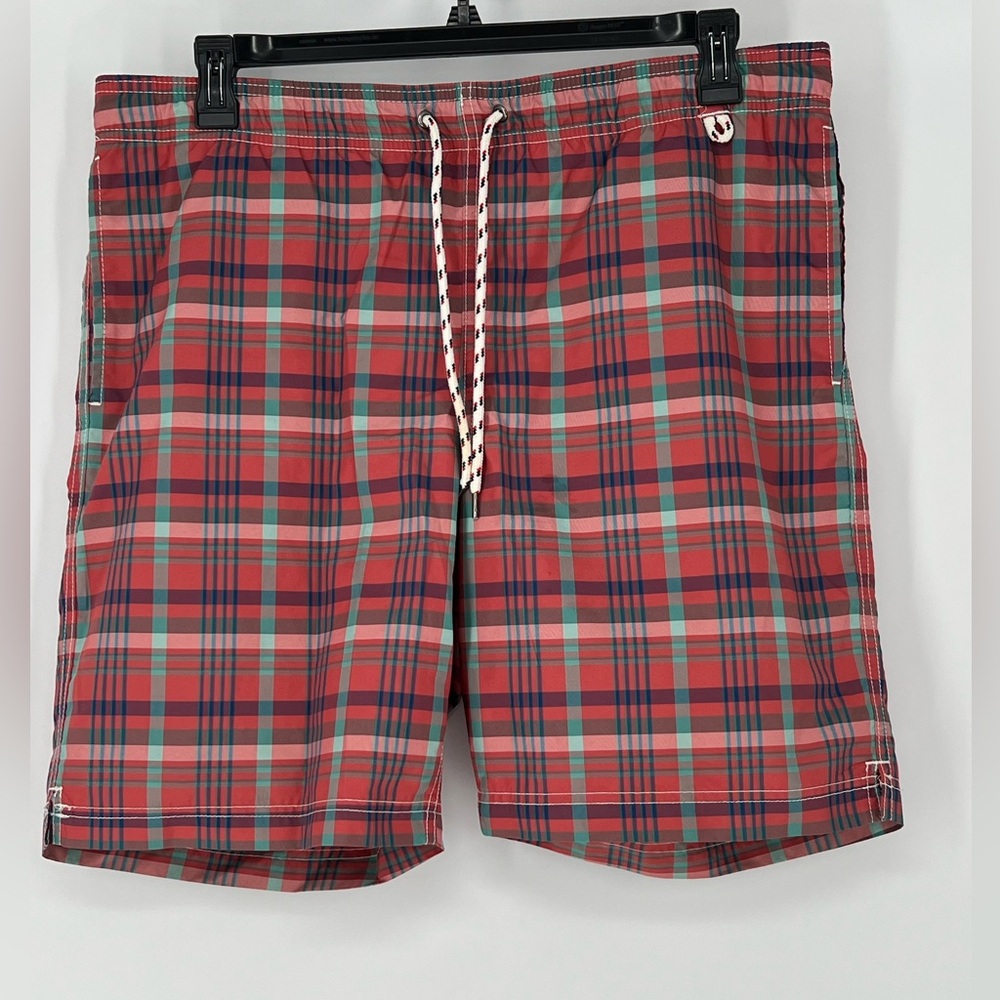 LAND’S END SWIM TRUNKS NWOT RED BLUE GREEN PLAID, MESH LINER, DRAWSTRING WAIST